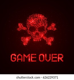 Pixel inscription "game over" with skull and crossbones. Message on the video game screen. Vector illustration.