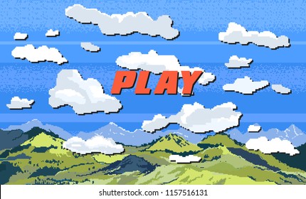 Pixel inscription "play". Message on the video game screen. Vector illustration. Pixel art background. Location with mountains, grass and clouds. Landscape for game or application.