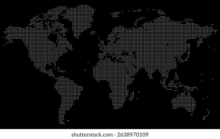 Pixel inspired vector dotted world map created with topographic intent. The dotted world map includes borders, shapes, and clean detail to visualize dotted world map layouts.