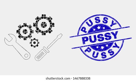 Pixel instrumental tools mosaic pictogram and Pussy seal. Blue vector round textured seal with Pussy phrase. Vector composition in flat style. Black isolated instrumental tools mosaic of random dots,