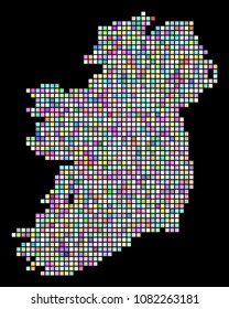 Pixel Ireland Island Map. Vector geographic map in variable colors on a black background. Vector concept of Ireland Island Map combined of regular square particles.