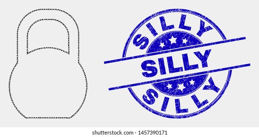 Pixel iron pound mosaic icon and Silly watermark. Blue vector round textured seal stamp with Silly text. Vector composition in flat style. Black isolated iron pound illustration of scattered spheres,