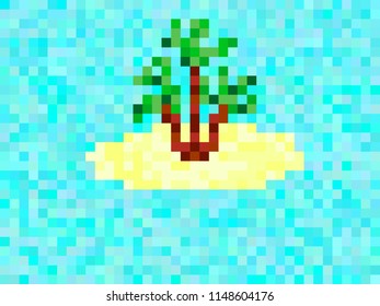 Pixel island with palm tree. 8 bit background landscape. Vector illustration