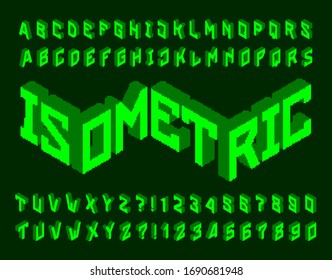 Pixel Isometric alphabet font. Digital 3d effect letters and numbers. 80s arcade video game typescript.