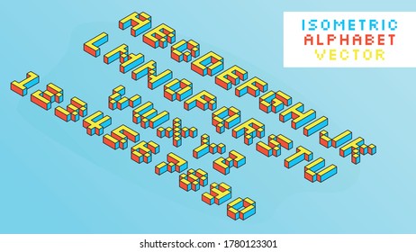 Pixel isometric alphabet vector on blue background