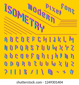 Pixel isometric font. 8-bit symbols. 3D Digital video game style. Letters and numbers. Vintage retro typeface abc. Error Computer Video. Vector Alphabet, Futuristic design.