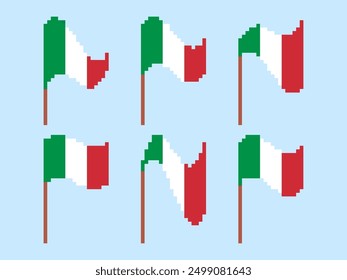Pixel Italy flag icon set isolated on white background. Waving flag of Italy in 8-bit retro graphics style from the 80s. Design in pixel art style for banners and posters. Vector illustration