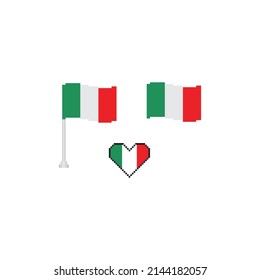 pixel Italy flag, vector Italy  heart and wave  flag on a pole set. Pixel design for 8 bit games  