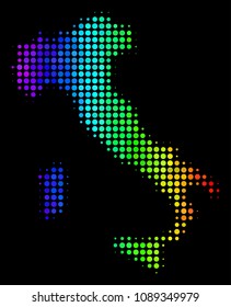 Pixel Italy map. Halftone geographical scheme drawn with spectrum color tinges with horizontal gradient on a black background. Vector concept of Italy map designed of filled circles.