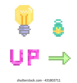 Pixel item. Pixel art, up, potion, bulb. Vector illustration