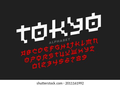 Pixel Japanese style Latin font design, alphabet letters and numbers vector illustration