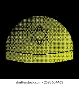 Pixel Jewish kippah silhouette icon. Religion kippah traditional Jewish headdress prayer cap. Simple black and yellow vector isolated on black