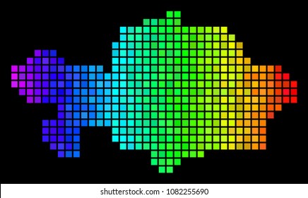 Pixel Kazakhstan Map. Vector geographic map in luminous spectral color tints on a black background. Abstract Kazakhstan Map composition is created with luminous square pixels.