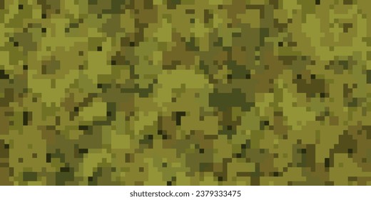 Pixel khaki camo pattern for woodland. Digital mosaic seamless camouflage with squares texture. Vector background