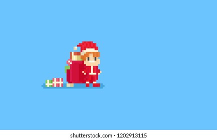 Pixel kid santa with huge red backpack.christmas.8bit.