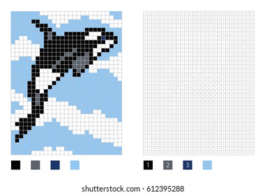 Caricatura de ballena asesina de píxeles en la página de colorear con cuadrados numerados, ilustración vectorial