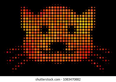 Pixel kitty icon. Bright pictogram in hot color tints on a black background. Vector halftone pattern of kitty symbol made of spheric elements.