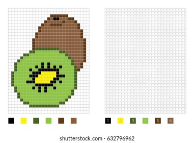 Pixel kiwi in the coloring page with numbered squares, vector illustration