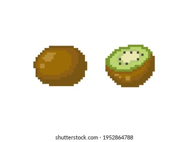 Pixel a kiwi Illustration. Vector pixel art kiwi and kiwi slice. 8 bit game style vector illustration fruit kiwi icon.