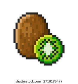 Kiwi de pixel isolado no fundo transparente. Crachá pixelado, recurso de videogame ou item de arcada de computador. Ícone de fruta. Ilustração da arte vetorial em pixel no estilo antigo de 16 bits.