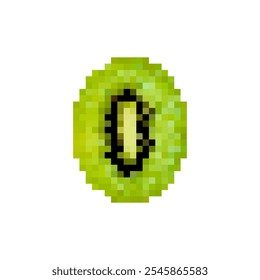 Kiwi de pixel isolado no fundo branco. Metade de uma fruta kiwi pixelada no estilo retro de videogame de 8 bits. Pixel artístico