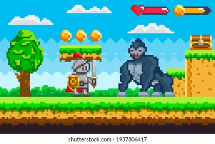Pixel knight battling with huge monkey. Warrior holding shield and sword fighting against gorilla