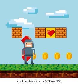 personagem cavaleiro pixel com moedas de ouro sobre fundo paisagem. design de interface de videogame. design colorido. ilustração vetorial