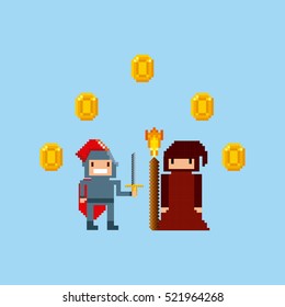 pixel knight character with sword and gold coins over blue background. video game interface design. colorful design. vector illustration