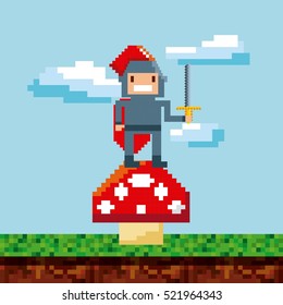 Pixel knight character with sword on fungus over landscape background. Video game interface design. Colorful design. vector illustration