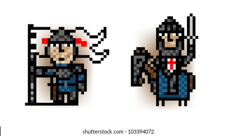 Pixel knight and standard bearer