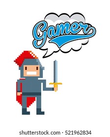 pixel knight with sword and communication bubble with gamer word. Colorful design. vector illustration