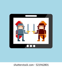 pixel knights characters with sword on screen tablet over blue background. video game interface design. colorful design. vector illustration