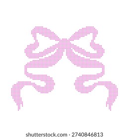 Pixel lace stitched pink bow silhouette. Embroidered coquette ribbon for poster, card design. Girly vector element