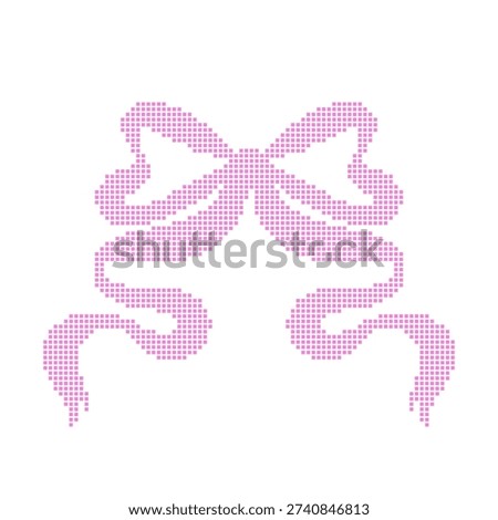 Pixel lace stitched pink bow silhouette. Embroidered coquette ribbon for poster, card design. Girly vector element