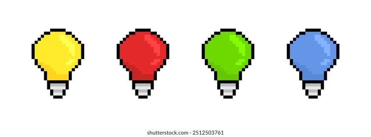 Conjunto de iconos de lámpara de píxeles. Estilo plano. Iconos del vector.
