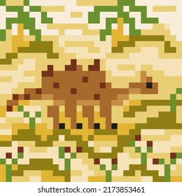 Pixel landscape with cute Dino, palm trees and plants. Vector illustration. Mosaic panel, embroidery, stained glass