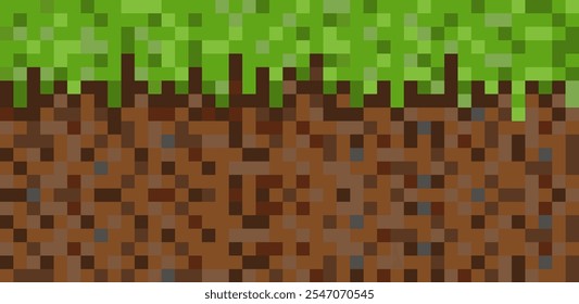 Pixel landscape. Gaming background. Pixel game art scene with grass. 8-bit arcade game.  Texture of underground terrain made of gravel and stones. Plots of land with pebbles. Vector illustration. 