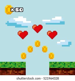 paisagem pixel com moedas de ouro e corações vermelhos. Design de interface de videogame. Design colorido. ilustração vetorial