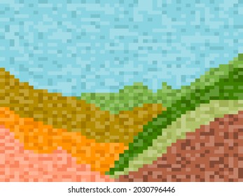 Pixel landscape with green meadows and hills. Retro 8-bit video game of the 90s in 2D. Pixel art design for games, apps, banners and posters. Vector illustration