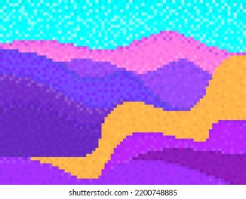 Pixel landscape with hills and mountains. Retro 8-bit video game of the 90s in 2D. Pixel art design for games, apps, banners and posters. Vector illustration