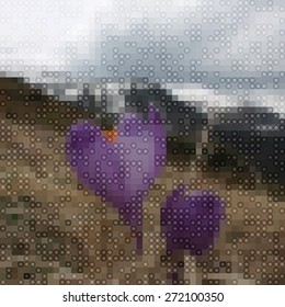 Pixel landscape mountains with clouds and flowers the effect of water droplets