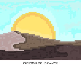 Pixel landscape with mountains and sun. Sunrise over the mountains in pixel art style. Retro 8-bit video game of the 90s in 2D. Vector illustration