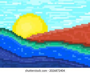 Pixellandschaft mit Fluss, Sonne und Hügeln. Sonnenaufgang über den Bergen im Stil der Pixelkunst. Retro 8-Bit Videospiel der 90er in 2D. Vektorgrafik