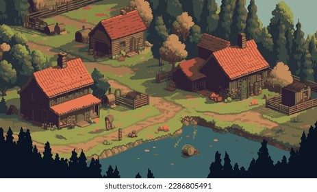 Pixel landscape in rural with beautiful cloud. high quality vector