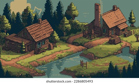Paisaje de Pixel en el campo con hermosas nubes. vector de alta calidad