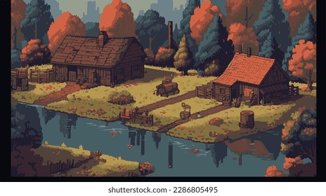 Paisaje de Pixel en el campo con hermosas nubes. vector de alta calidad