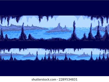 Pixel landscape. Seamless scene with lake and rock. Vector