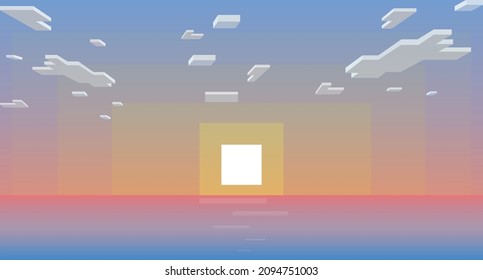 Pixel landscape of sunset over the sea. Vector illustration 