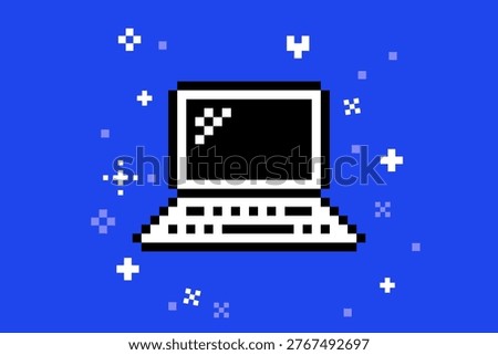 Pixel laptop computer icon on blue background. Note. Retro 8 bit video game style notebook black vector element for digital design, education, game interface, social media