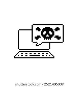 portátil de píxeles con icono de cráneo de virus. Vector pixel art Hacker cyber PC 8 bit logo para el juego